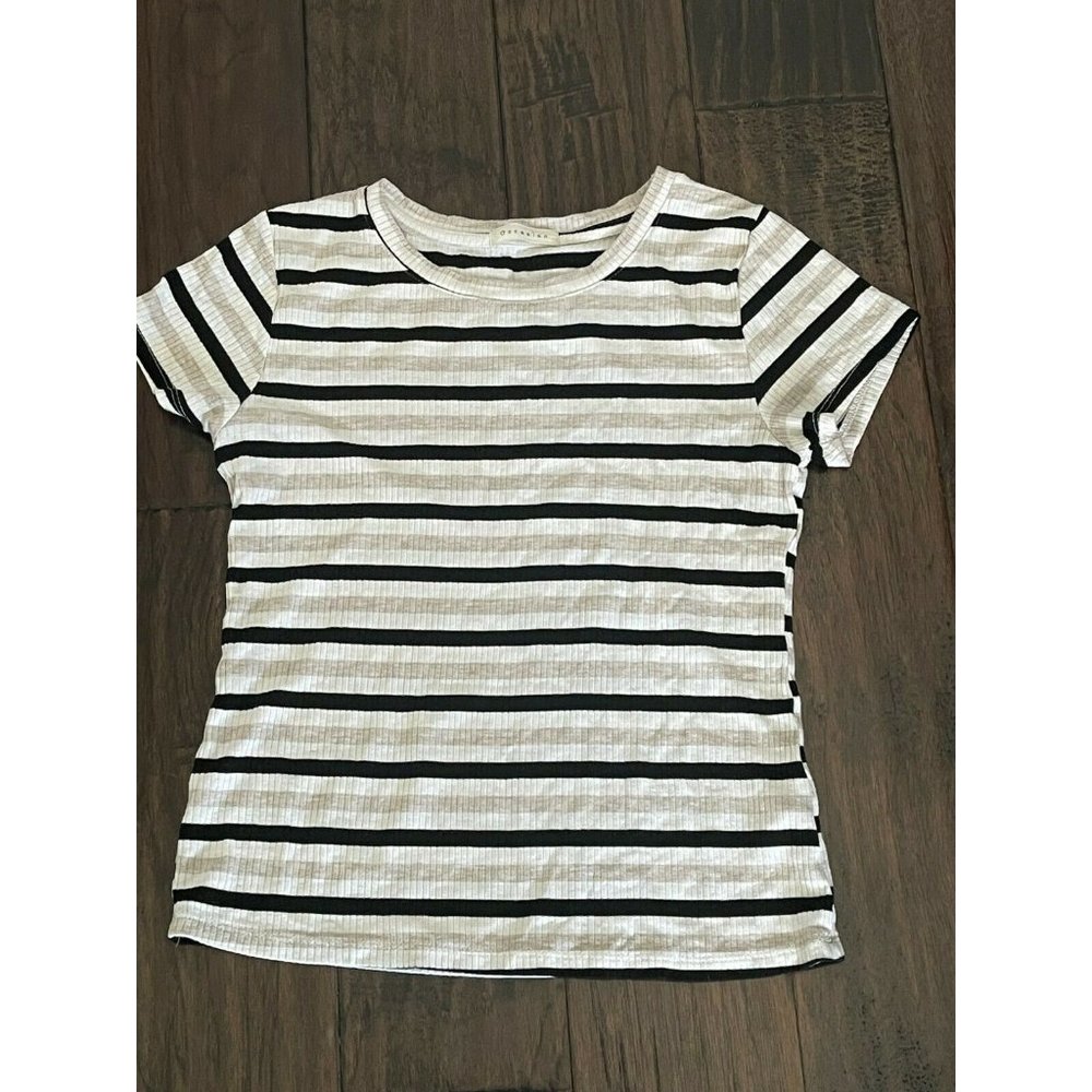 Occasion Juniors Small Shirt Neutral ribbed black beige white striped short Y2K